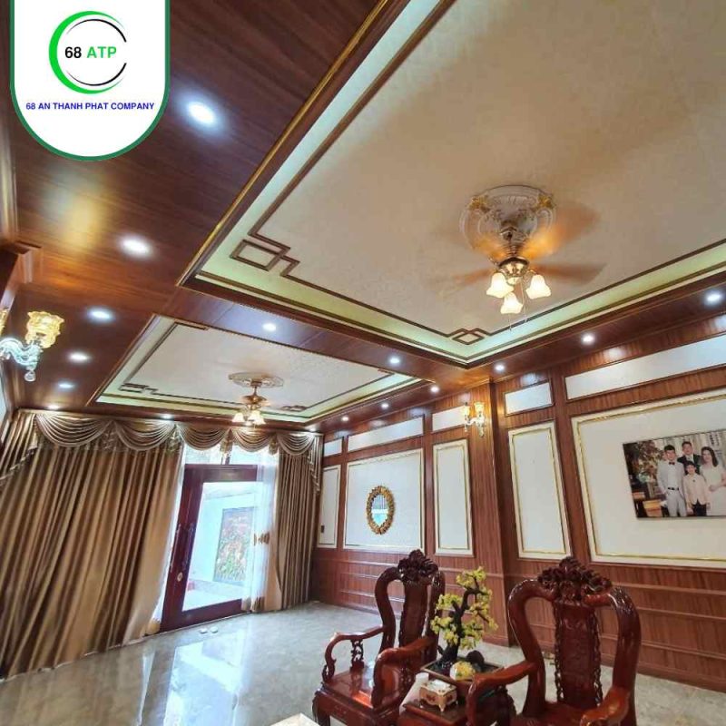 Thi công phòng khách tấm gỗ nhựa PVC